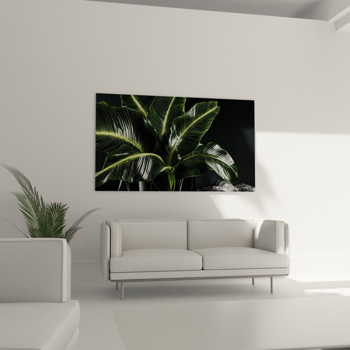 Nervures lumineuses vert émeraude au-dessus d'un canapé dans un salon lumineux