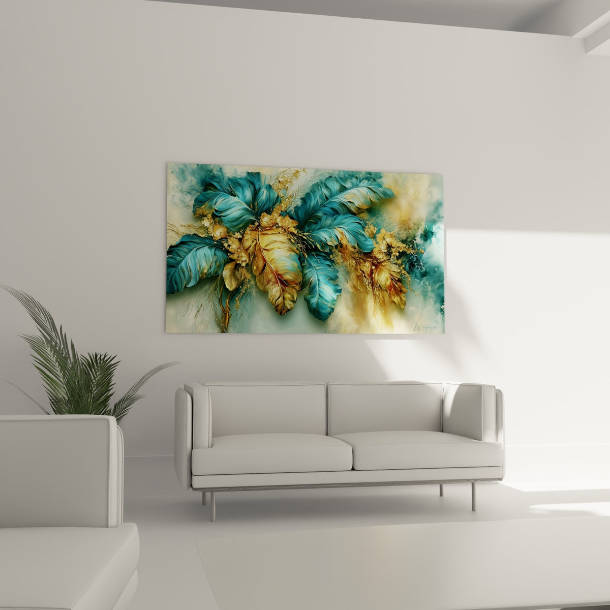 Composition végétale bleu sauge et ocre orne la toile accrochée au-dessus d'un canapé dans un salon lumineux