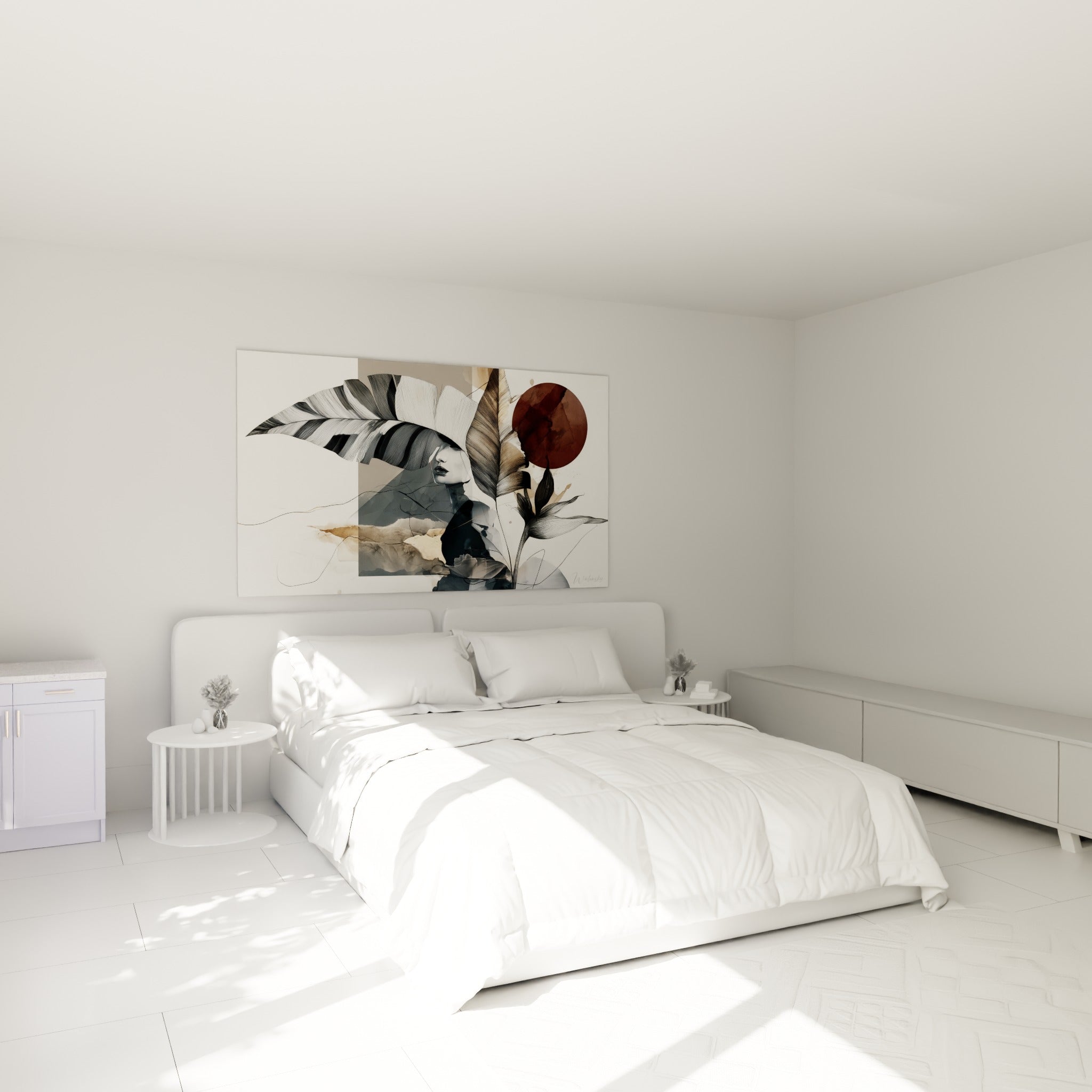 Visage esquissé sous un feuillage graphique noir et brique, accroché au-dessus d'un lit dans une chambre claire