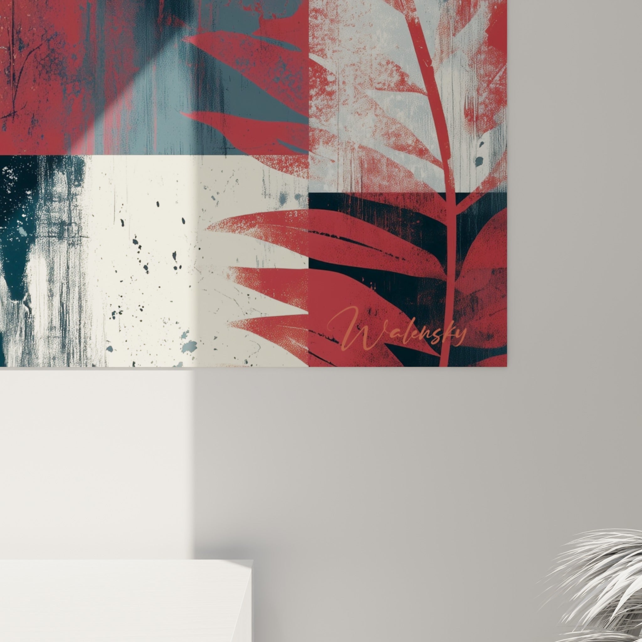 Grain et coulures d'encre visibles sur les blocs rouge terracotta et gris anthracite de la feuille de bananier