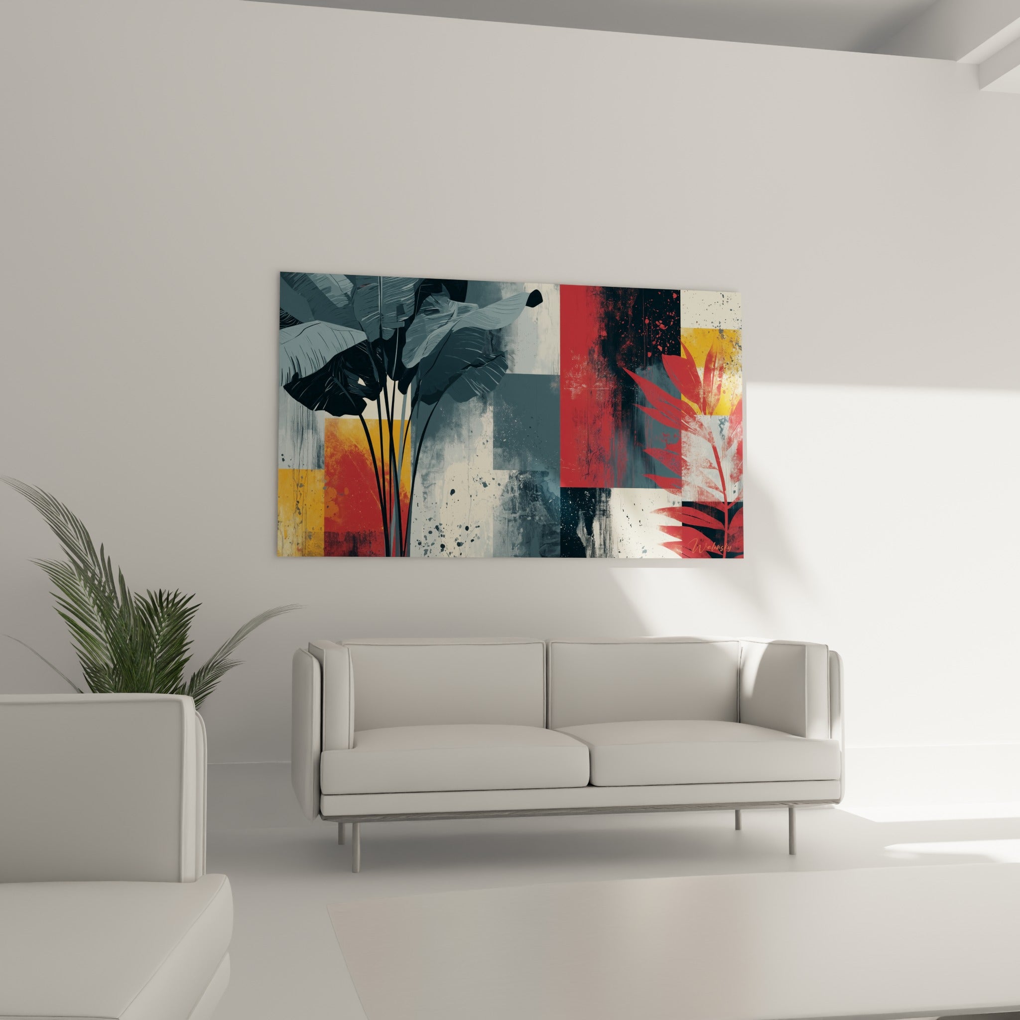 Tiges de feuille de bananier noires sur fond ocre et gris au-dessus d'un canapé dans un salon lumineux