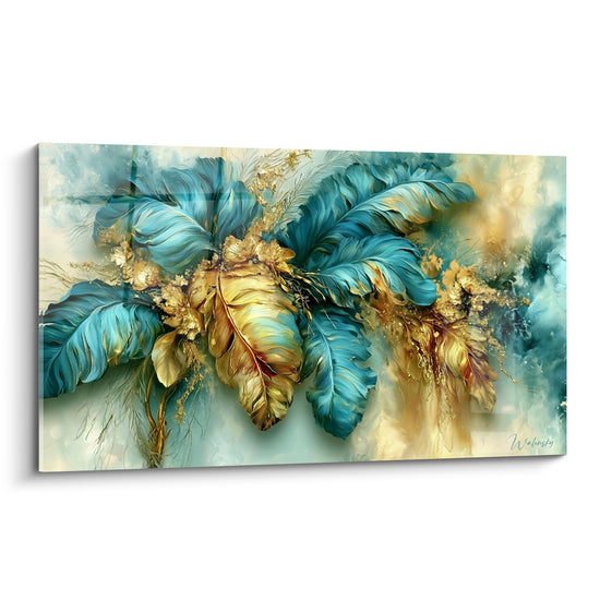 Feuilles de bananier turquoise et dorées se déploient en éventail sur fond ivoire aquarellé lumineux