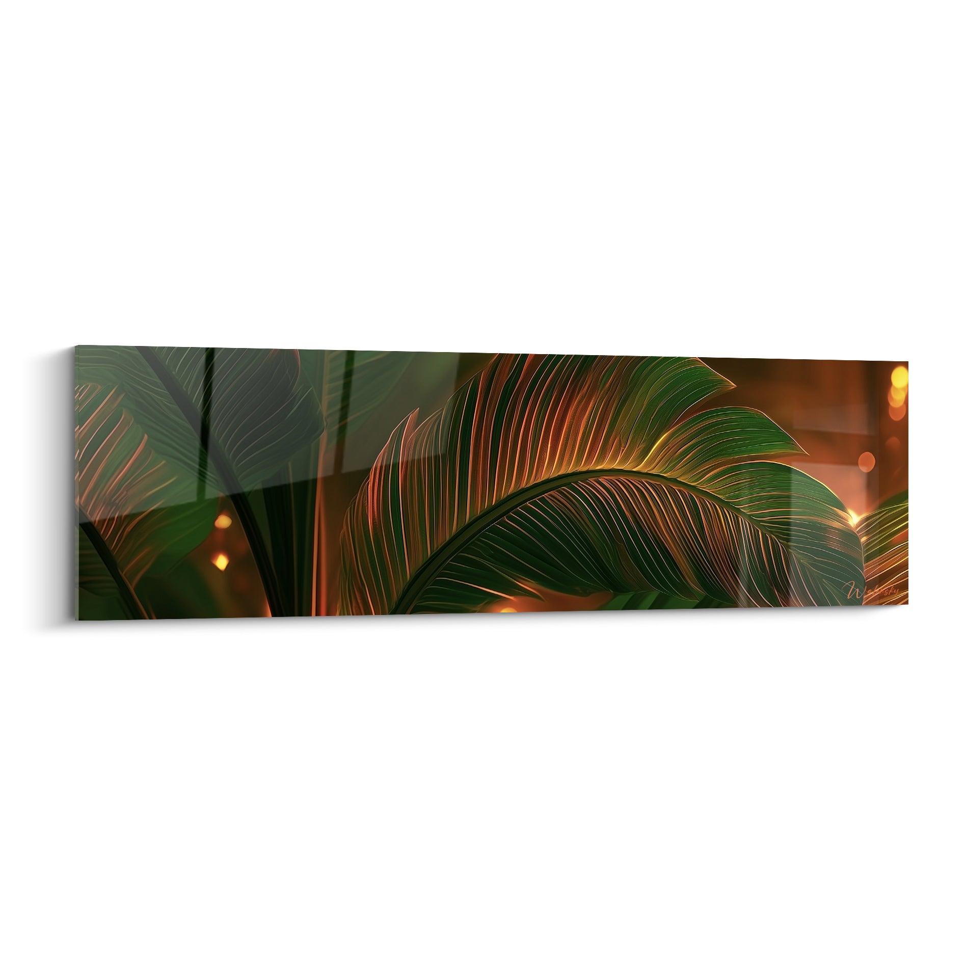 Feuille de bananier vert émeraude aux nervures dorées, éclairée par une lumière ambrée tropicale