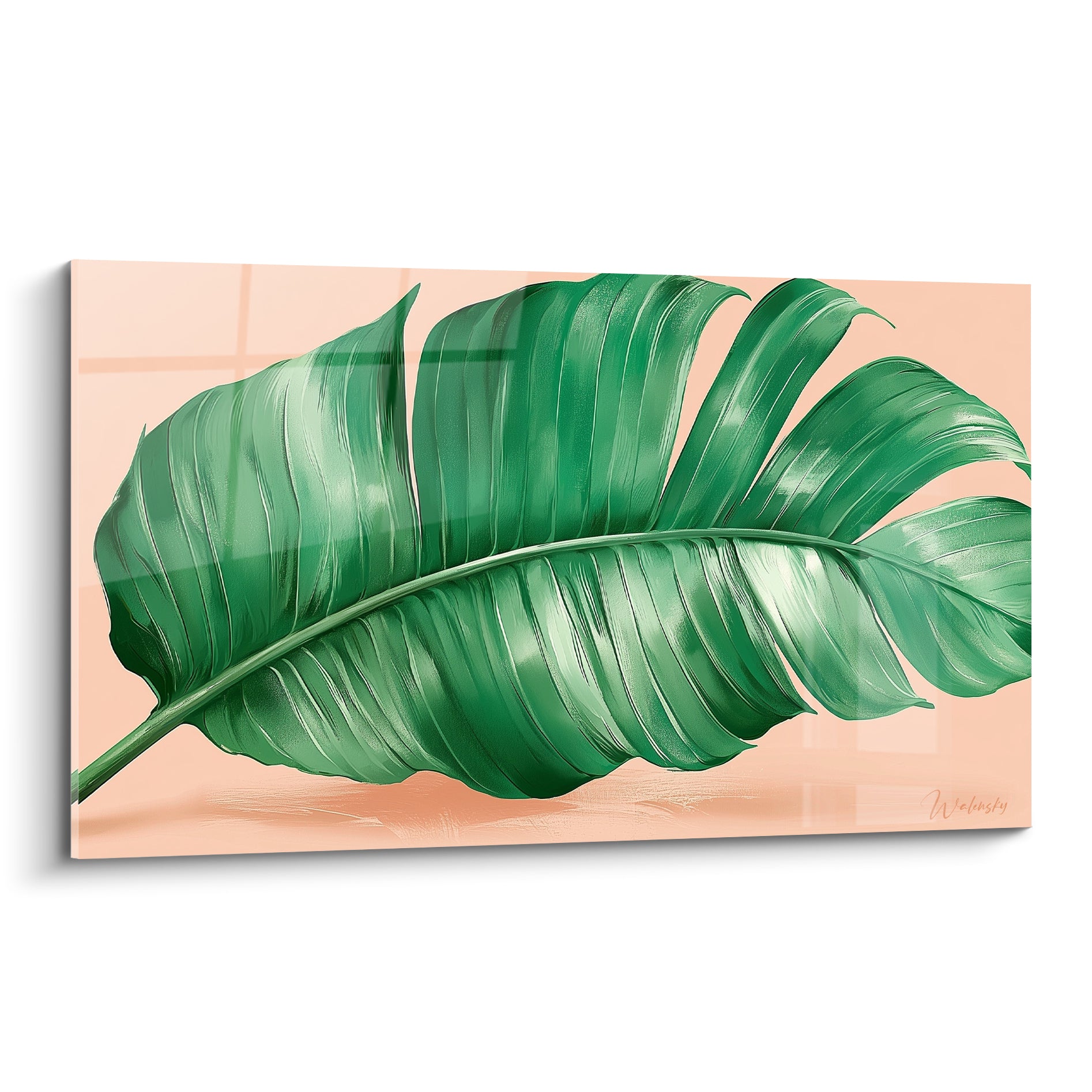 Feuille de bananier verte aux nervures marquées sur fond pêche pastel, style botanique illustré