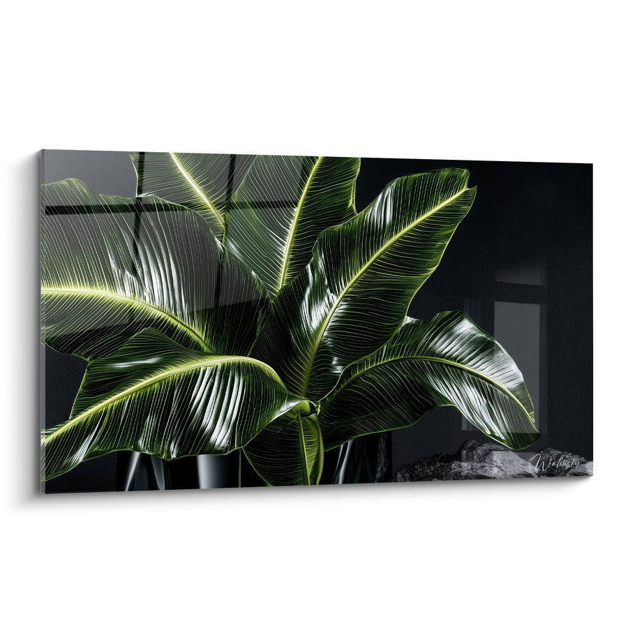 Tableau Feuilles de bananier vert et noir éclatées - Éveil nocturne végétal - Edition Feuille de bananier