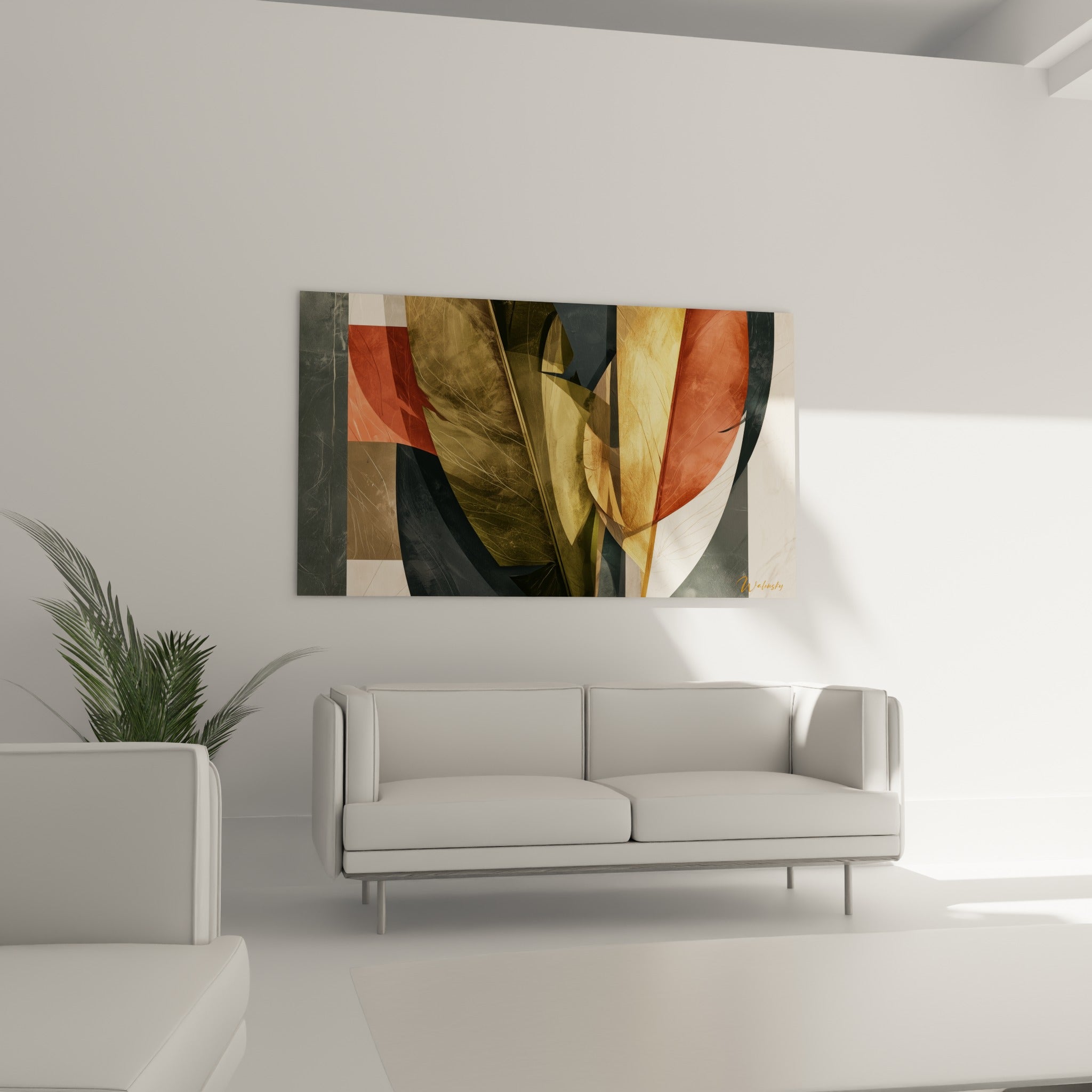 Feuilles superposées dorées et terracotta accrochées au-dessus d'un canapé dans un salon lumineux