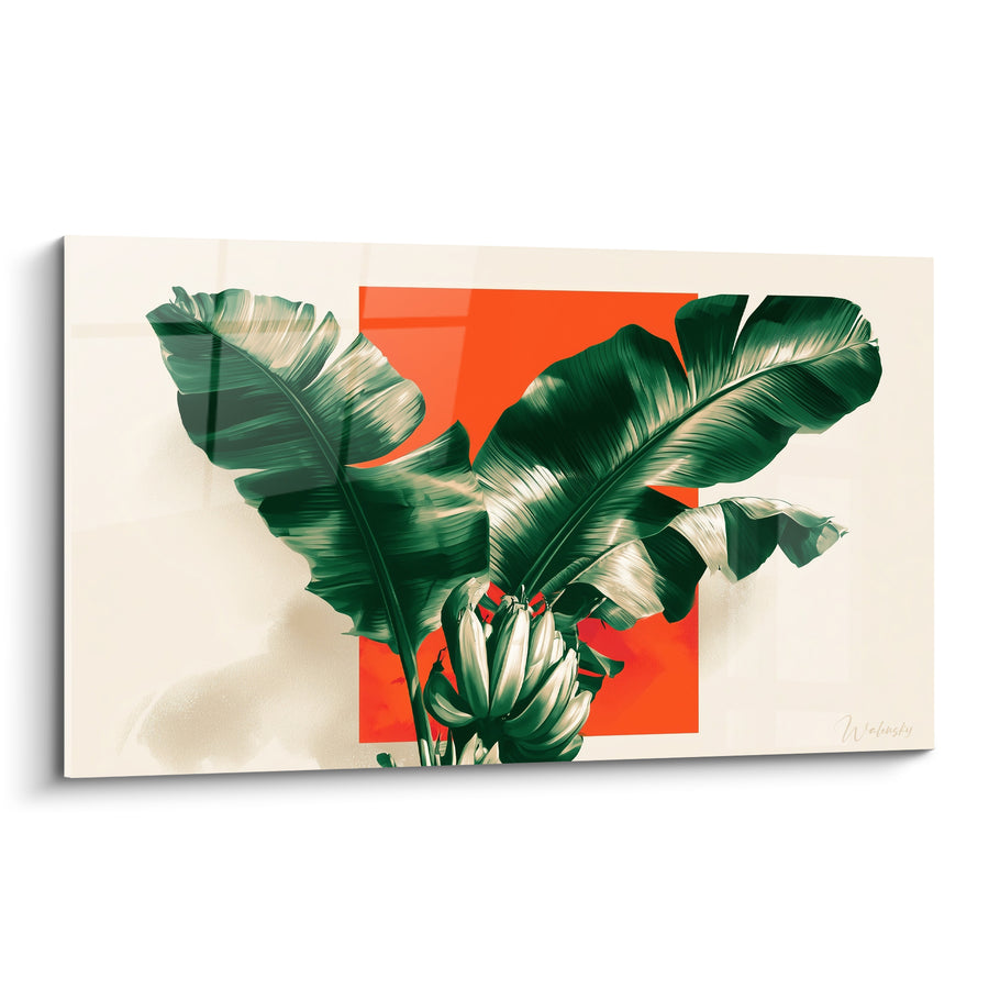 Tableau Bananier vert et orange sur carré vif éclatant - Régime de bananes nacrées - Edition Feuille de bananier