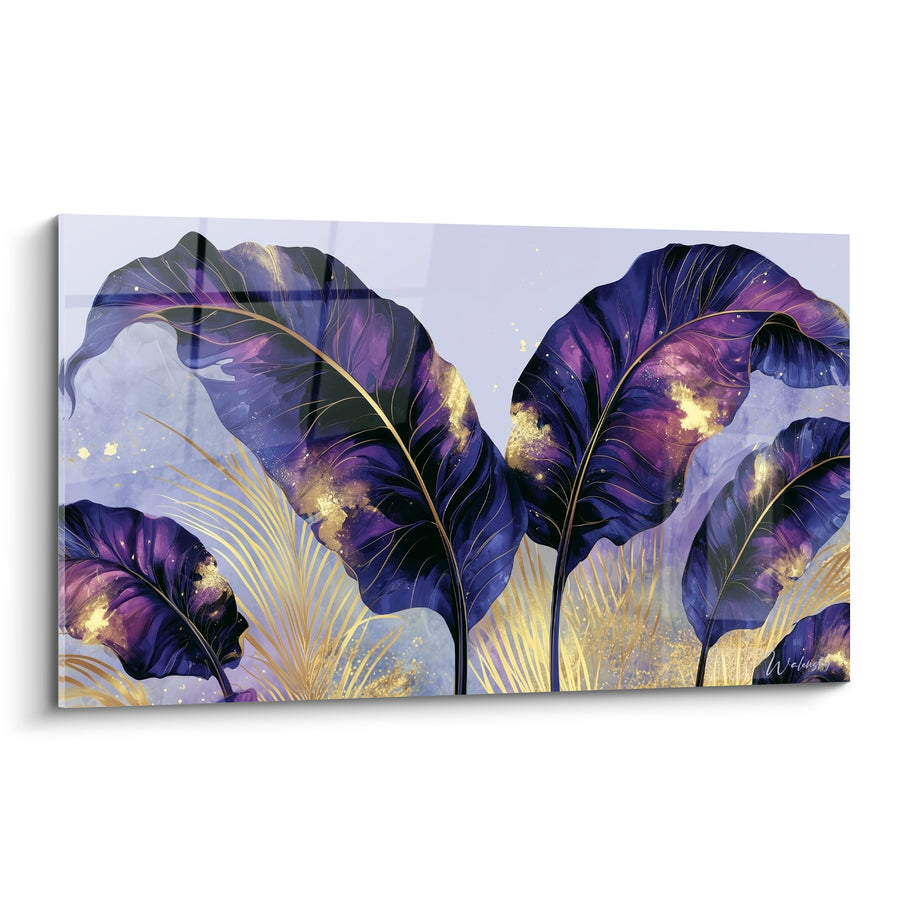 Tableau Feuilles violettes aux nervures dorées - Éclat nocturne végétal - Edition Feuille de bananier