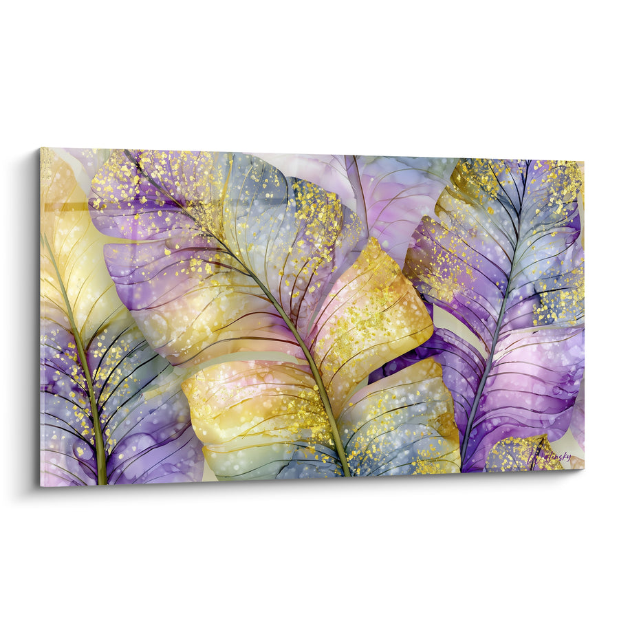 Tableau Feuilles tropicales dorées et violettes pailletées - Éclaboussure précieuse - Edition Feuille de bananier
