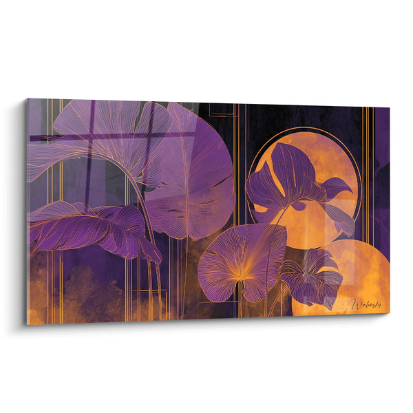 Tableau Feuilles de bananier violettes et orangées dorées - Lueur tropicale - Edition Feuille de bananier