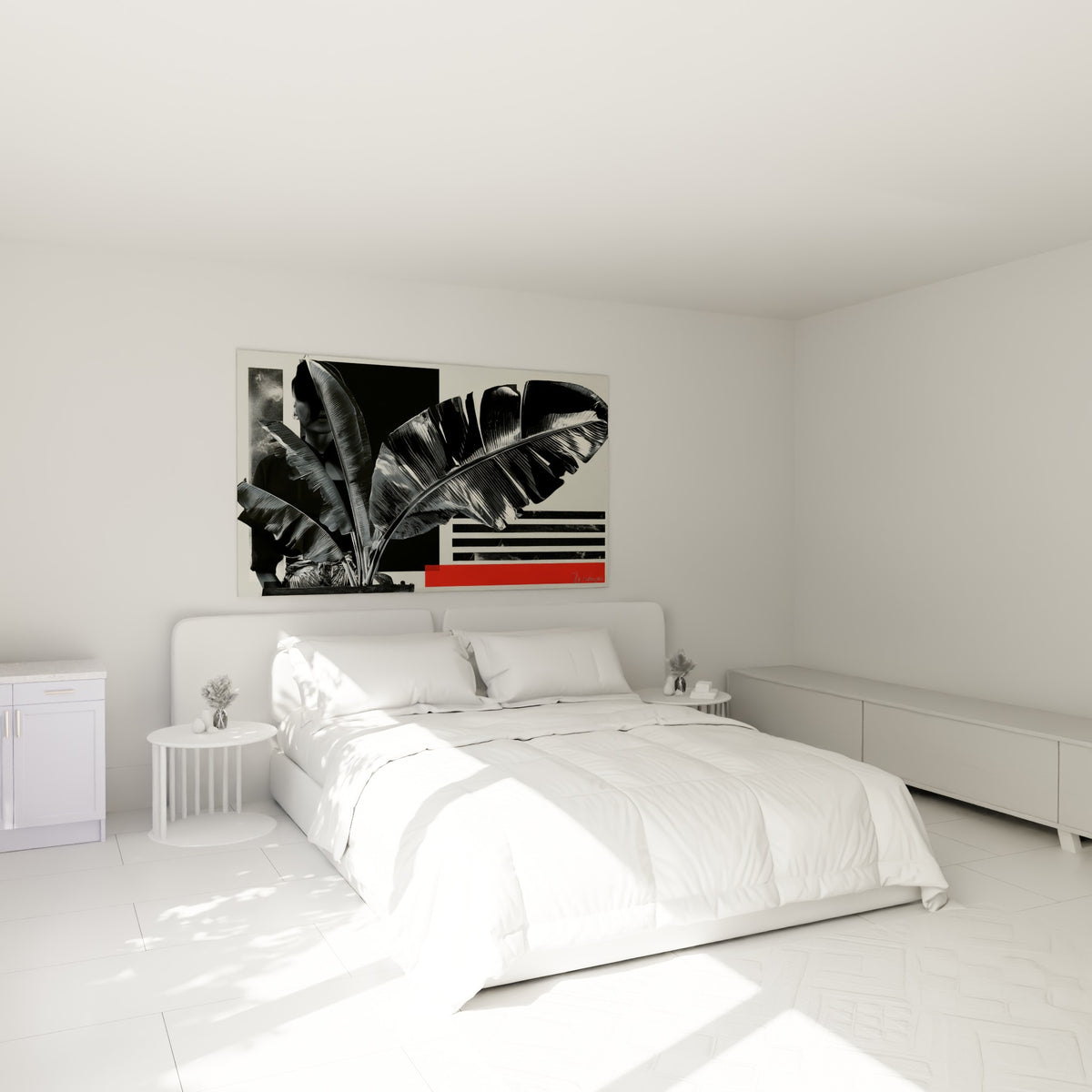 Feuille de bananier anthracite et rouge, tableau accroché au-dessus d'un lit dans une chambre claire