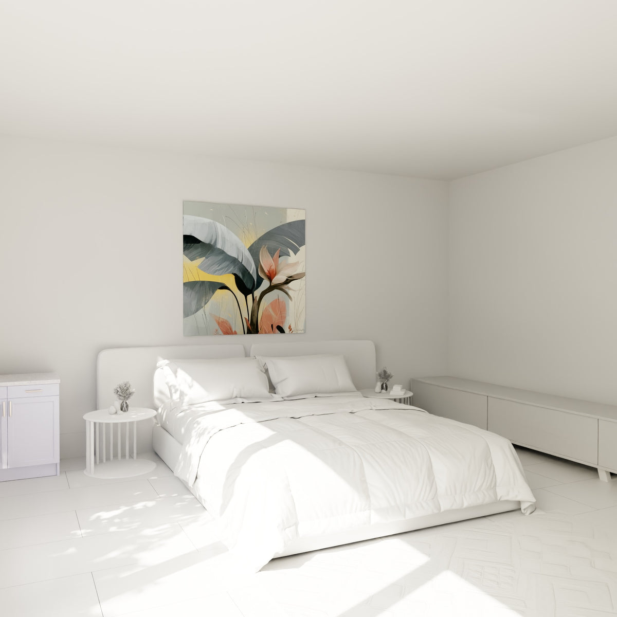 Fleur rose pastel entourée de feuilles anthracite au-dessus d'un lit dans une chambre claire