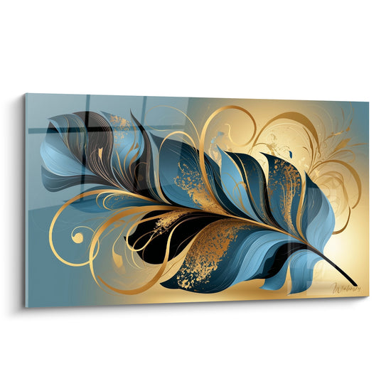 Tableau Feuille bleue et dorée aux volutes - Souffle doré - Edition Feuille de bananier