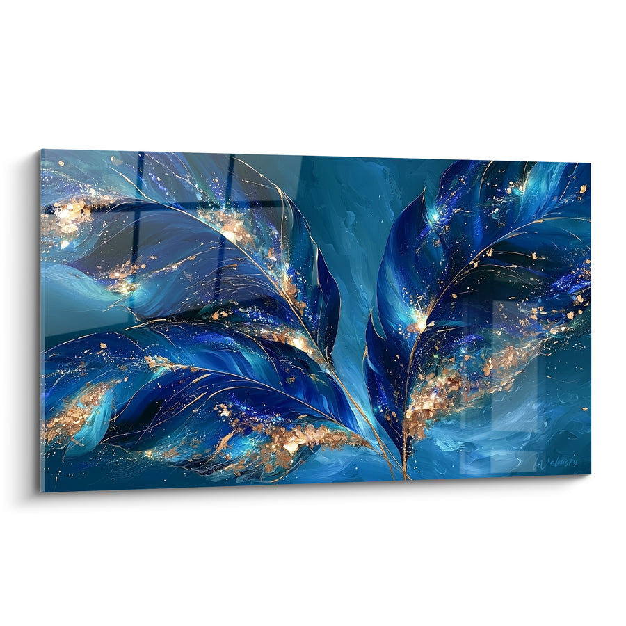 Tableau Feuilles bleu marine et dorées éclatantes - Éclats nocturnes - Edition Feuille de bananier