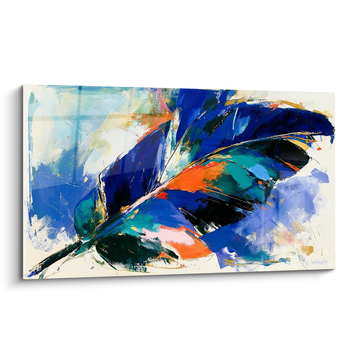 Feuille de bananier abstraite bleu marine et orange vif, texture épaisse au couteau sur fond ivoire