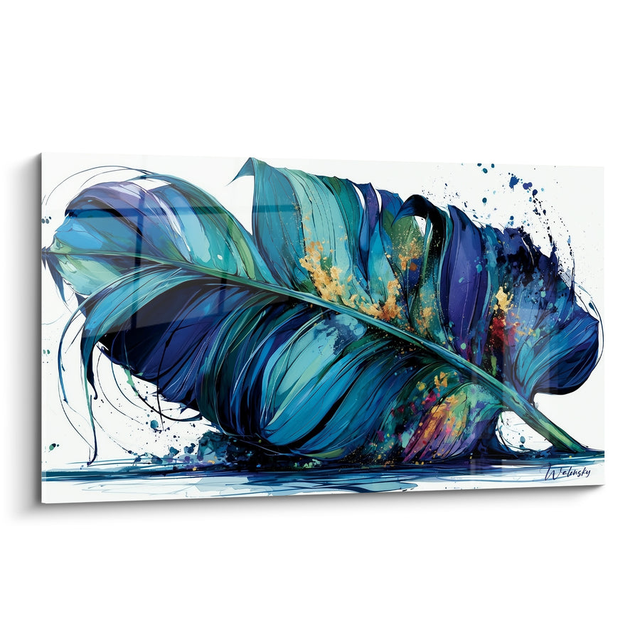 Tableau Feuille de bananier bleue et turquoise éclaboussée d'or - Souffle tropical - Edition Feuille de bananier
