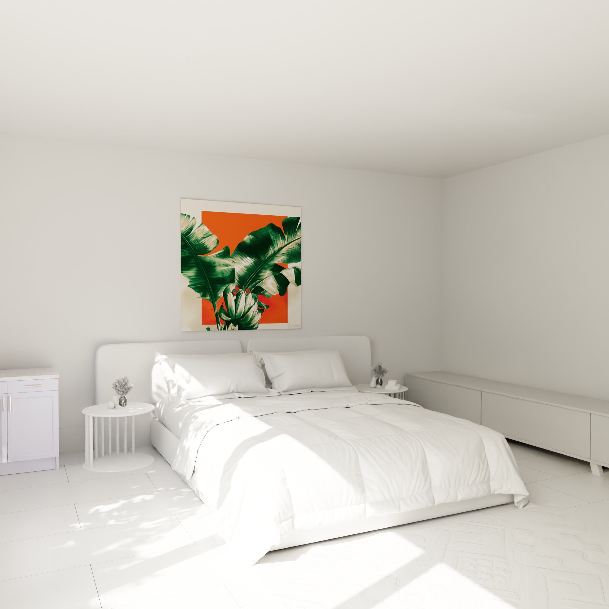 Bananier aux tons émeraude et orange vif, accroché au-dessus d'un lit dans une chambre claire