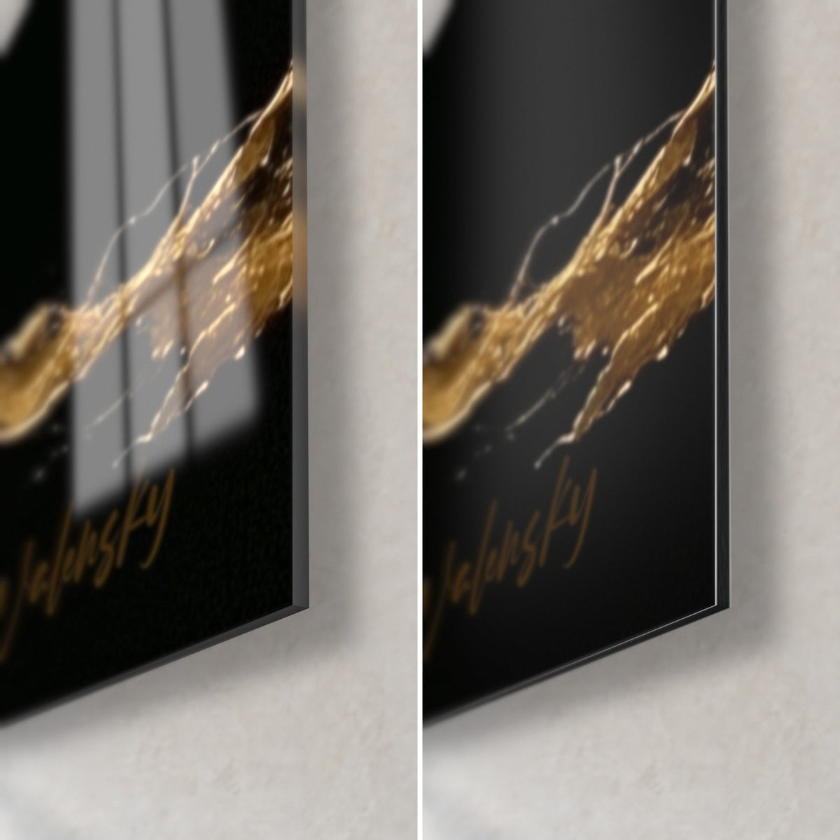 Gemälde goldene Feder mit pastosen Farbreliefs auf Schwarz, untere rechte Ecke, glänzendes Acrylglas links, matntes Alu-Dibond rechts