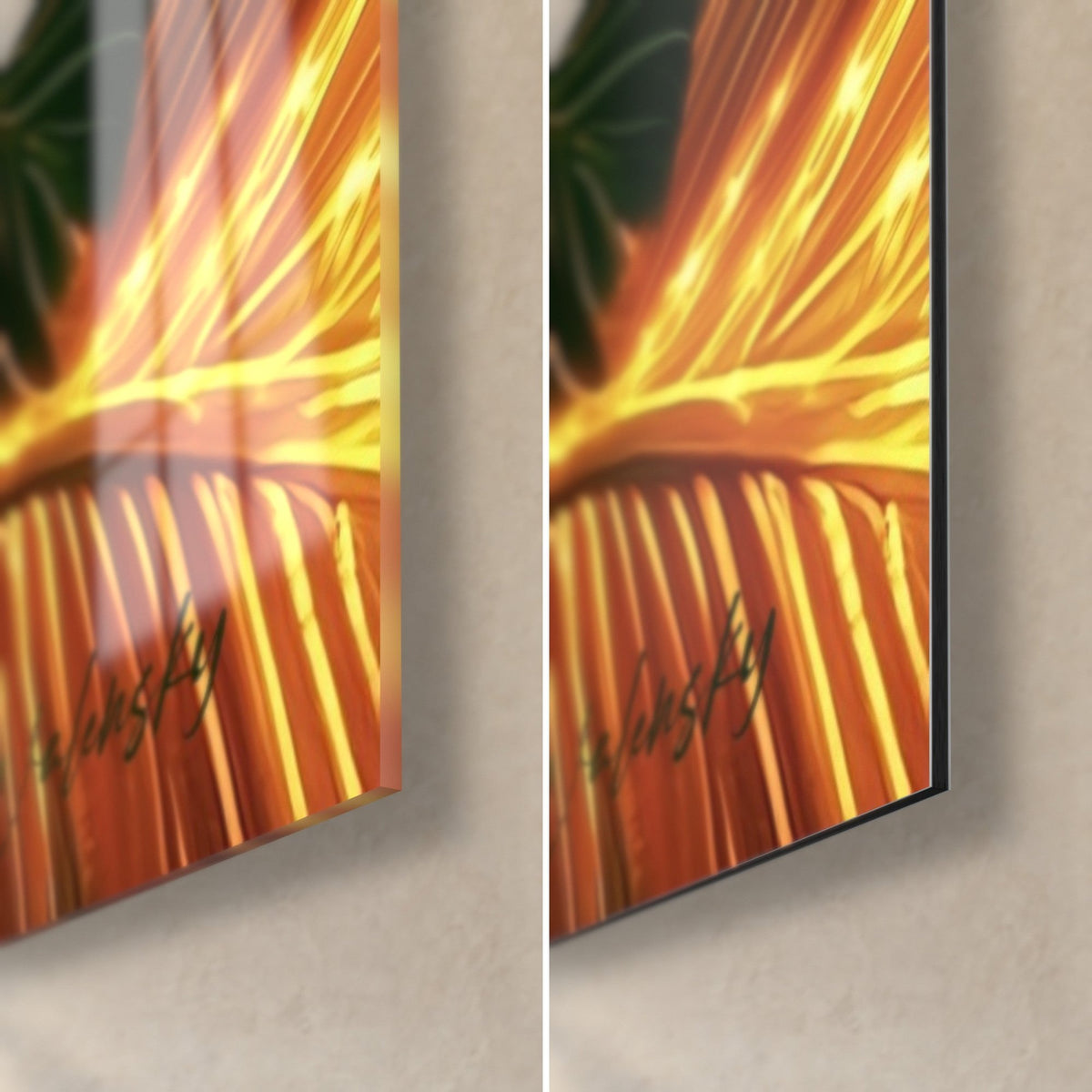 Cuadro follaje tropical con nervaduras naranjas y amarillo vivo, esquina inferior derecha: cristal acrílico brillante a la izquierda, Dibond mate a la derecha