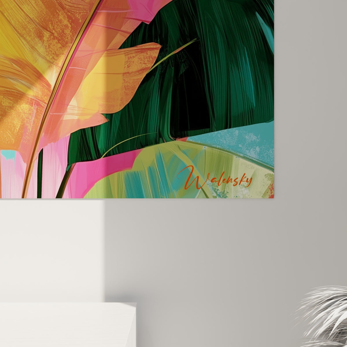 Détail des nervures dorées et coulures roses sur la toile, grain visible entre vert sombre et turquoise