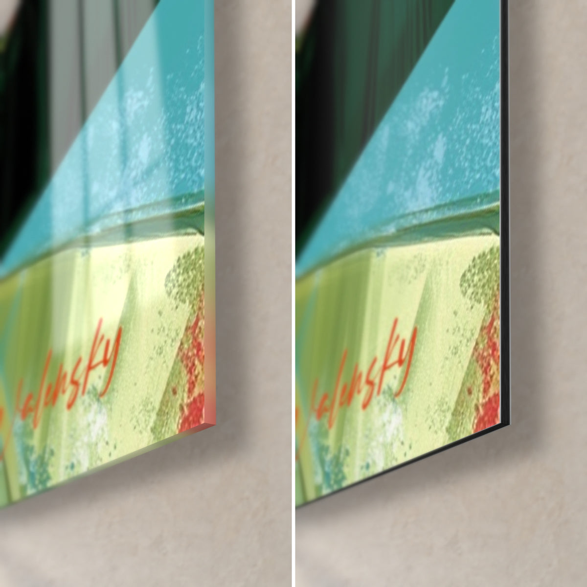 Tableau palmes roses sur turquoise, coin bas droit : verre acrylique brillant à gauche, alu Dibond noir mat à droite, tranche de 3 mm
