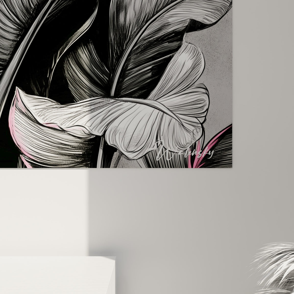 Nervures détaillées de la feuille de bananier révélant le grain gris et les touches roses de l'impression