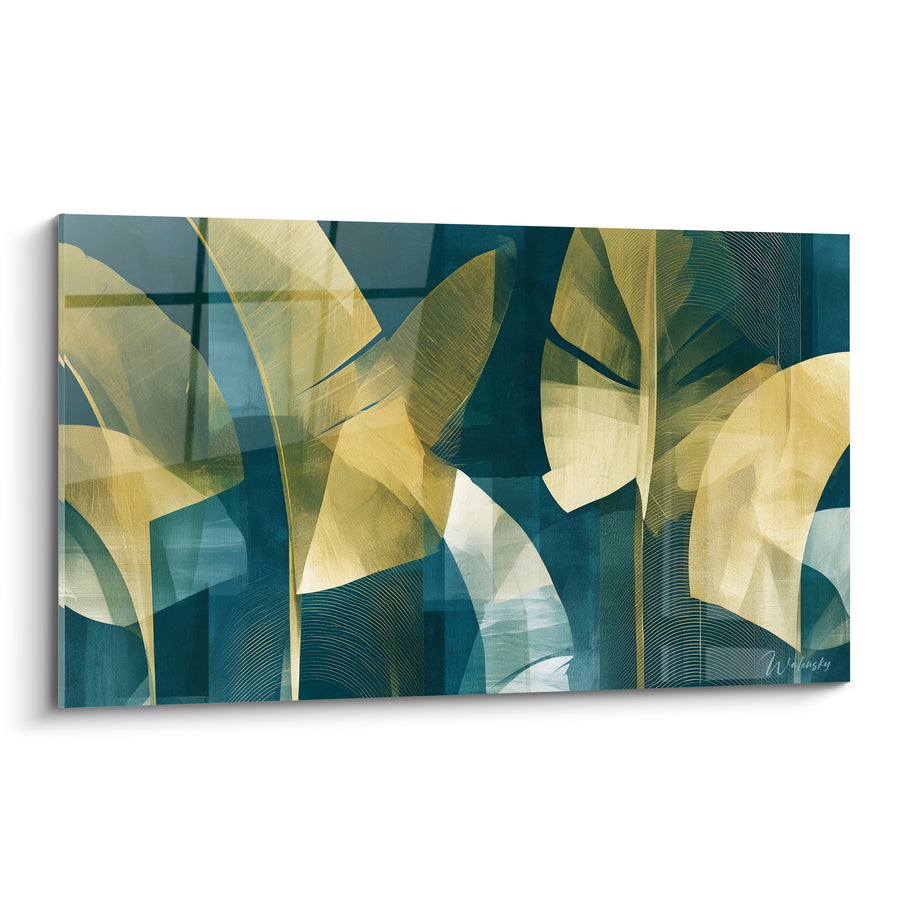 Tableau Feuilles de bananier dorées et bleu pétrole - Jungle dorée - Edition Feuille de bananier