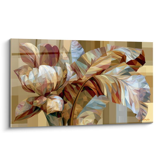Tableau Fleur géométrique dorée et bordeaux facettée - Éclosion cristallisée - Edition Feuille de bananier