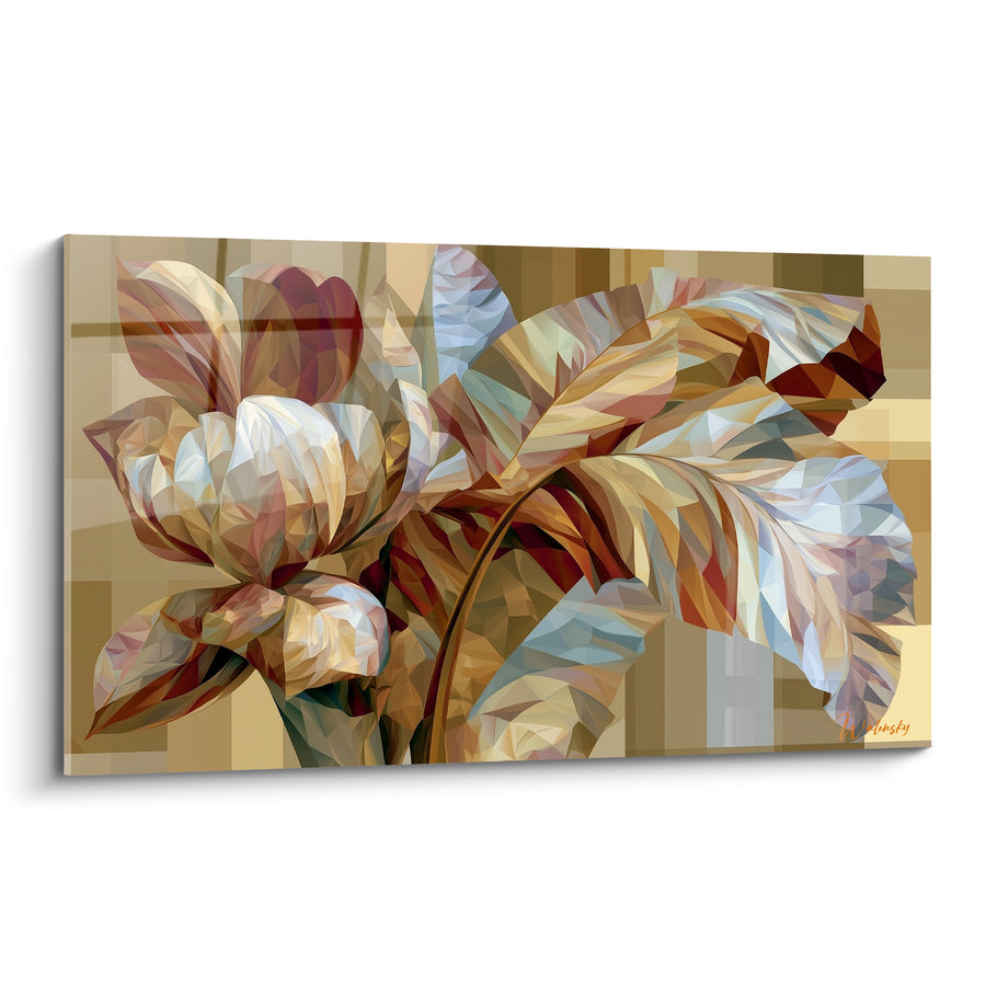 Tableau Fleur géométrique dorée et bordeaux facettée - Éclosion cristallisée - Edition Feuille de bananier