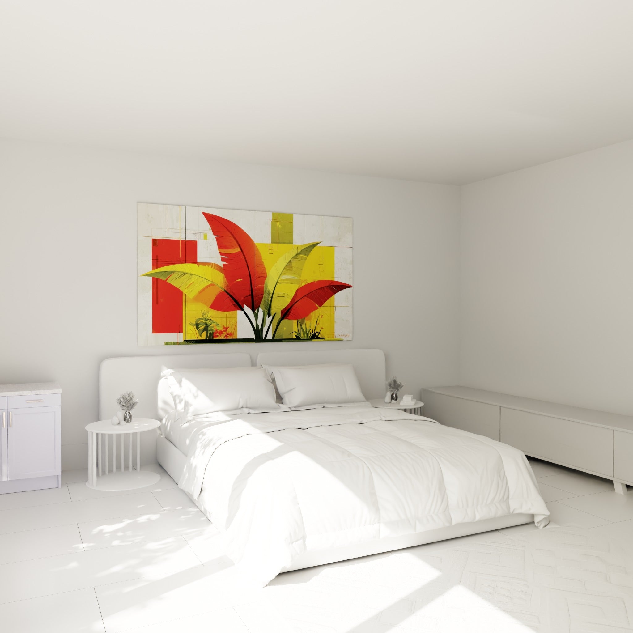 Feuilles de bananier rouge et doré déployées, accrochées au-dessus d'un lit dans une chambre claire