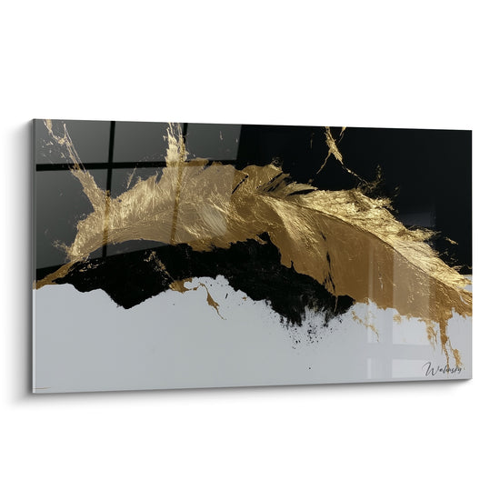Feuille de bananier dorée balayant un fond noir et blanc, geste texturé et empâtements lumineux visibles.