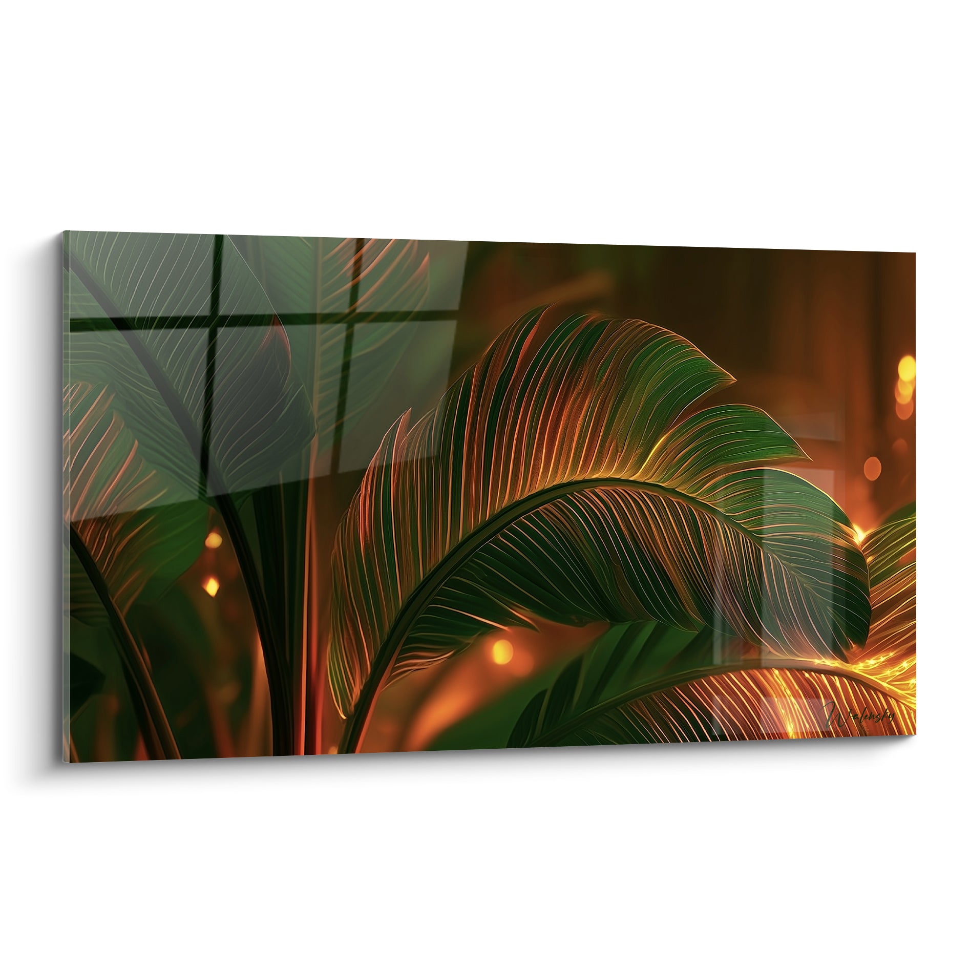 Feuille de bananier verte et dorée aux nervures lumineuses sur fond flou terracotta et anthracite