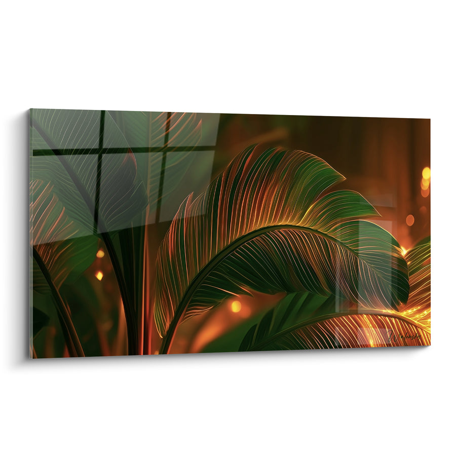 Tableau Feuille tropicale verte et dorée nervurée - Lumière du crépuscule - Edition Feuille de bananier