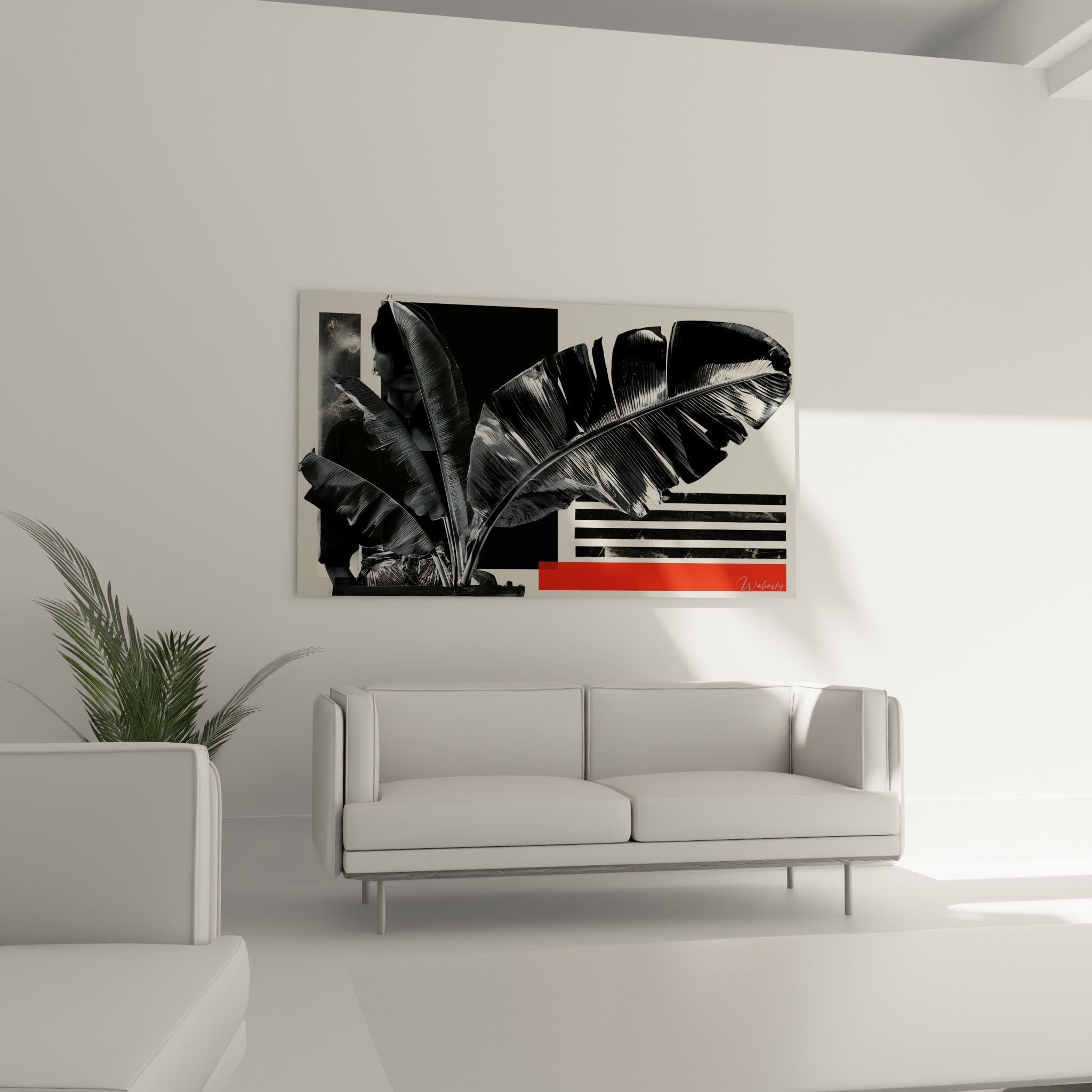 Feuilles noires texturées et bande écarlate, tableau accroché au-dessus d'un canapé dans un salon lumineux
