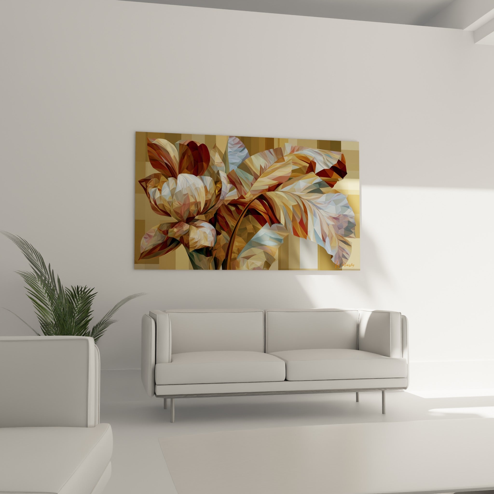 Composition dorée et bleutée de ce tableau feuille de bananier géométrique, au-dessus d'un canapé dans un salon lumineux.