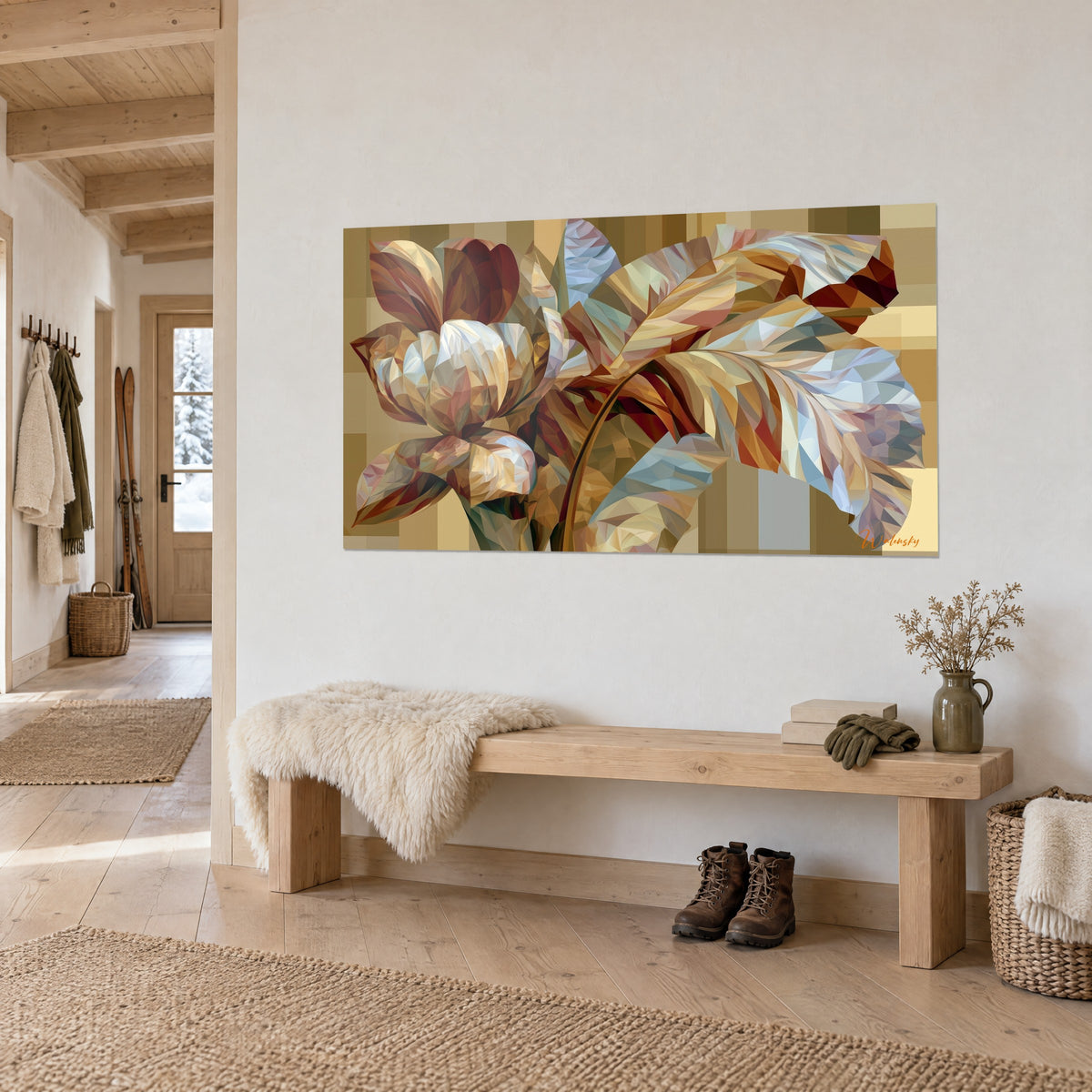 Tableau corolle cristallisée crème et rouille, larges feuilles bleu-gris, au mur près d'un banc en bois clair du chalet