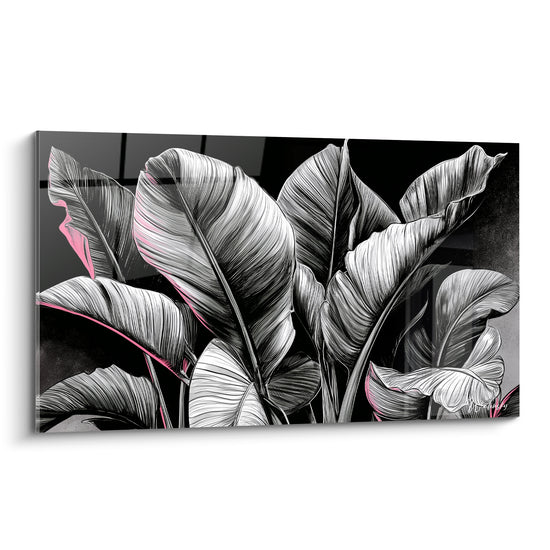 Tableau Feuilles de bananier grises et roses illuminées - Lueur tropicale nocturne - Edition Feuille de bananier