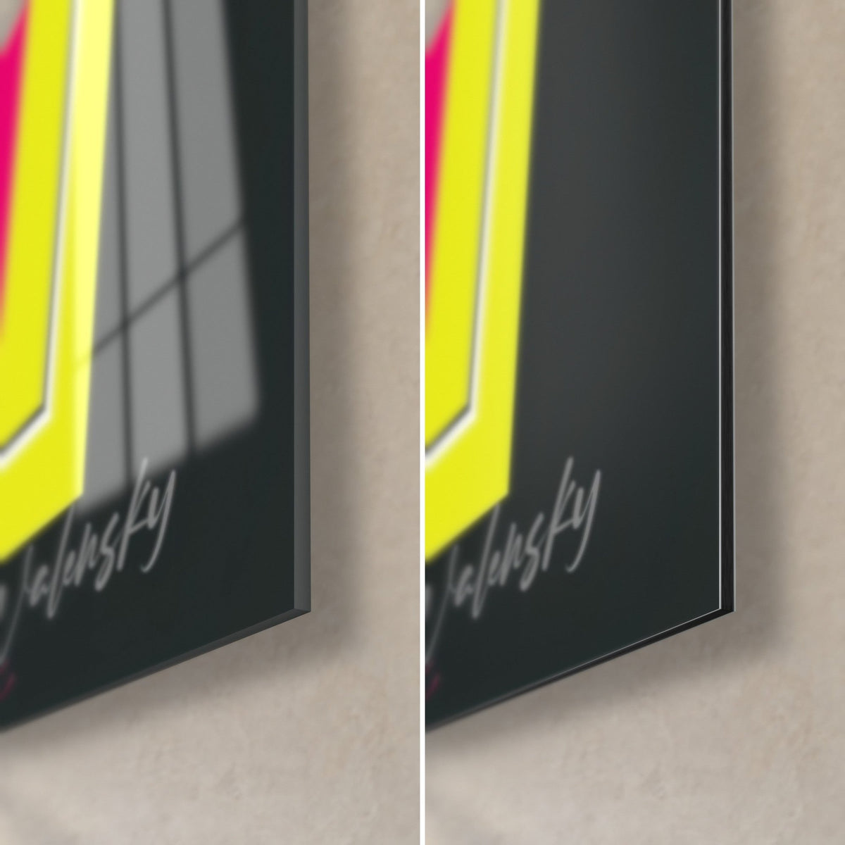 Wall art black banana leaves, bottom right corner: glossy glass with reflections and matt anthracite grey Dibond aluminium, 3 mm edge