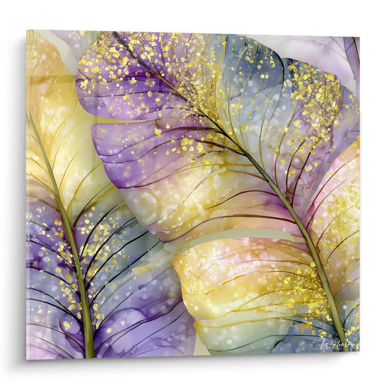 Feuille de bananier mauve et dorée aux nervures fines, motif végétal translucide en pleine surface