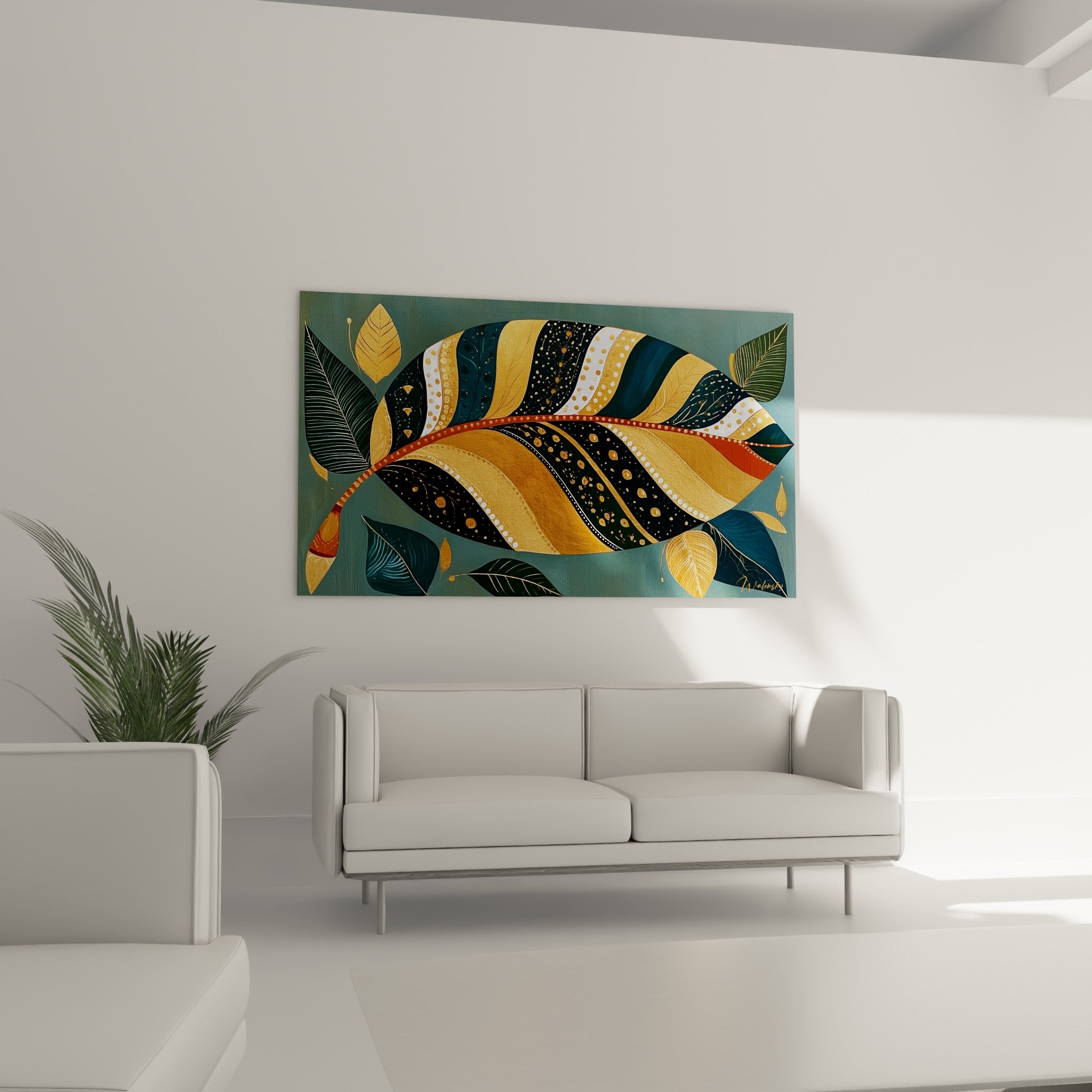 Motifs dorés et bleu pétrole de la feuille de bananier suspendus au-dessus d'un canapé dans un salon lumineux
