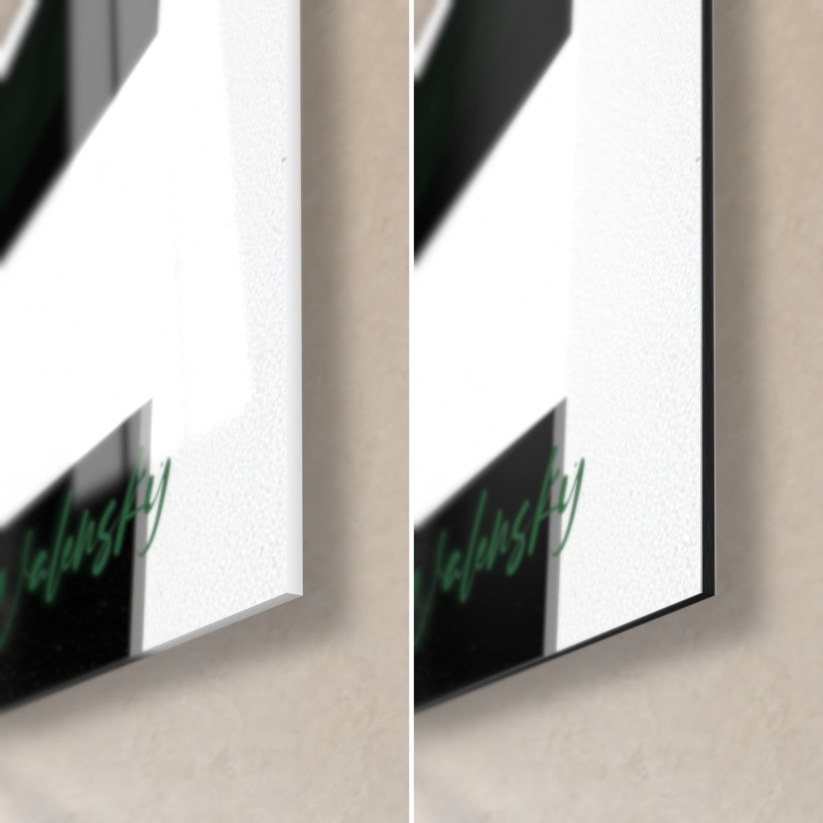 Tableau plante verte et signature Walensky, coin bas droit en verre acrylique brillant et alu Dibond mat noir de 3 mm