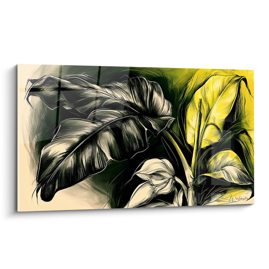 Tableau Feuille noire et jaune vif esquissée à l'encre - Bouton floral crème - Edition Feuille de bananier