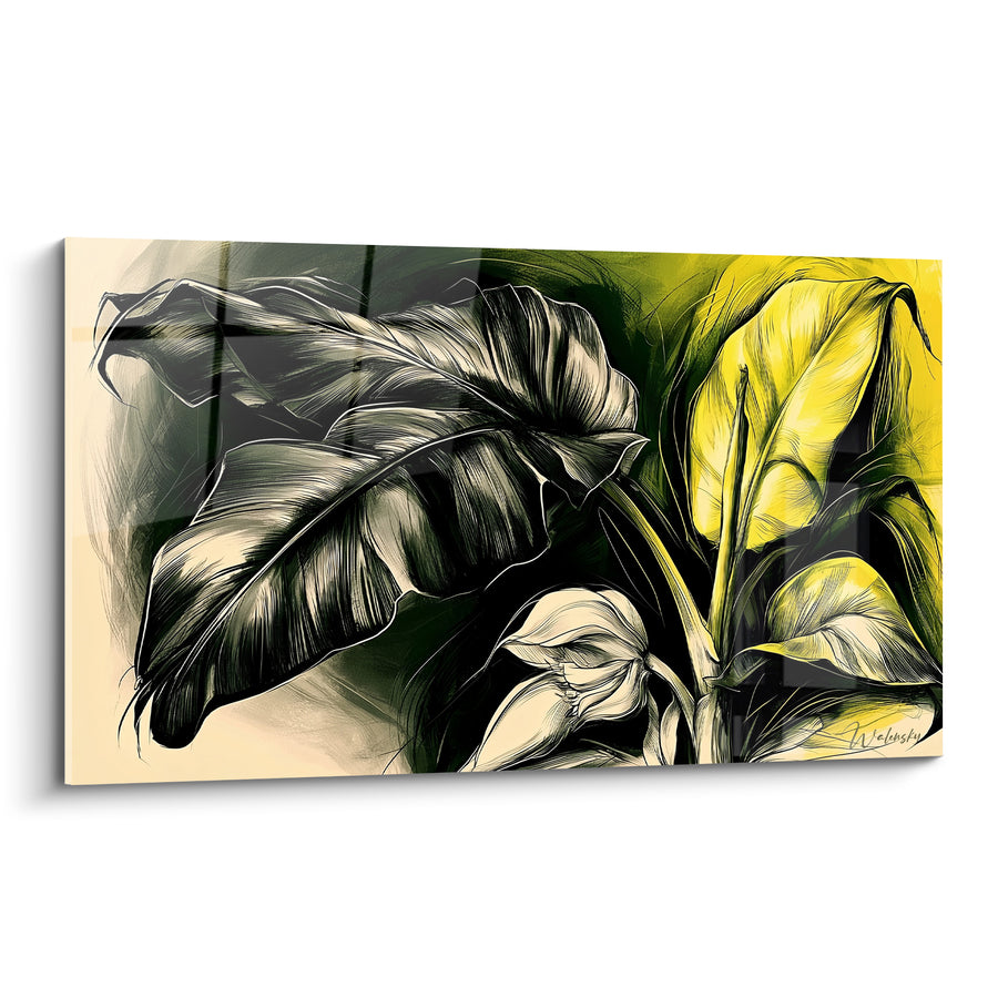Tableau Feuille noire et jaune vif esquissée à l'encre - Bouton floral crème - Edition Feuille de bananier