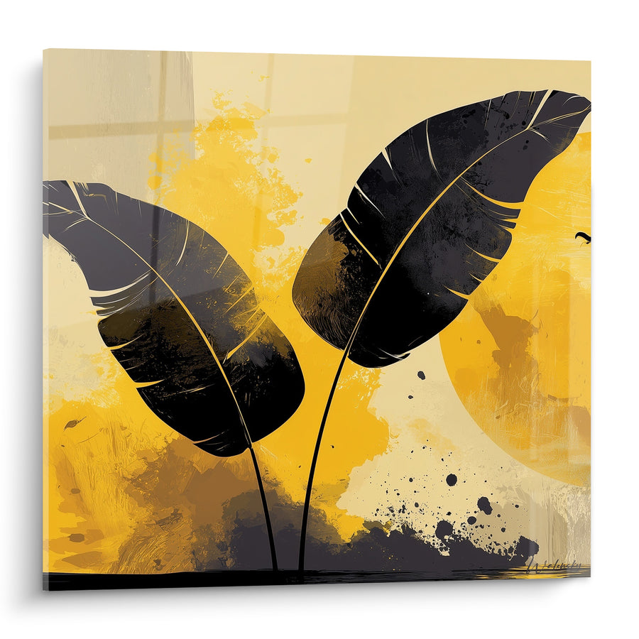 Tableau Feuilles de bananier noires et jaune moutarde - Ombres tropicales - Edition Feuille de bananier