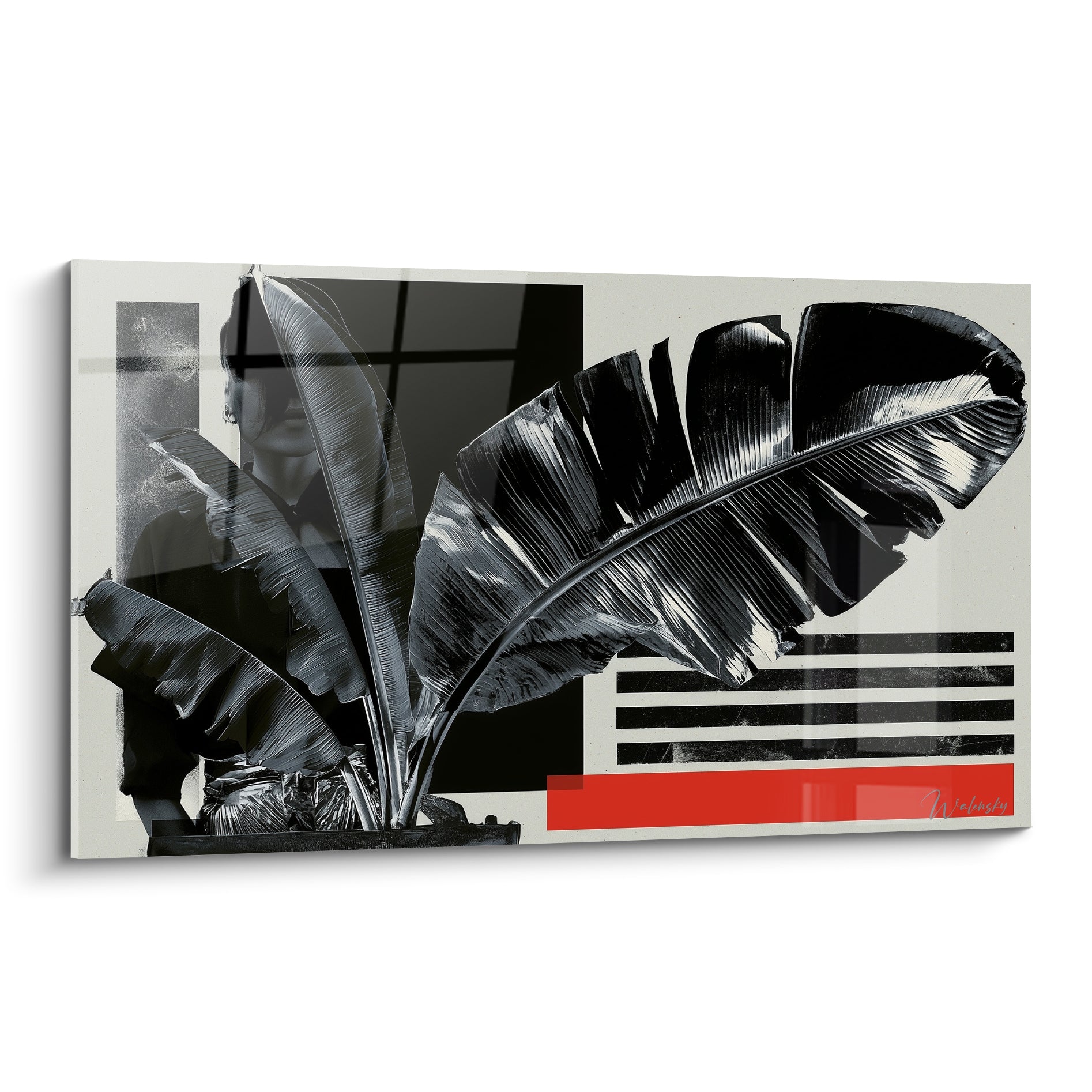 Feuille de bananier noire et grise, bande rouge vive, style photomontage urbain graphique