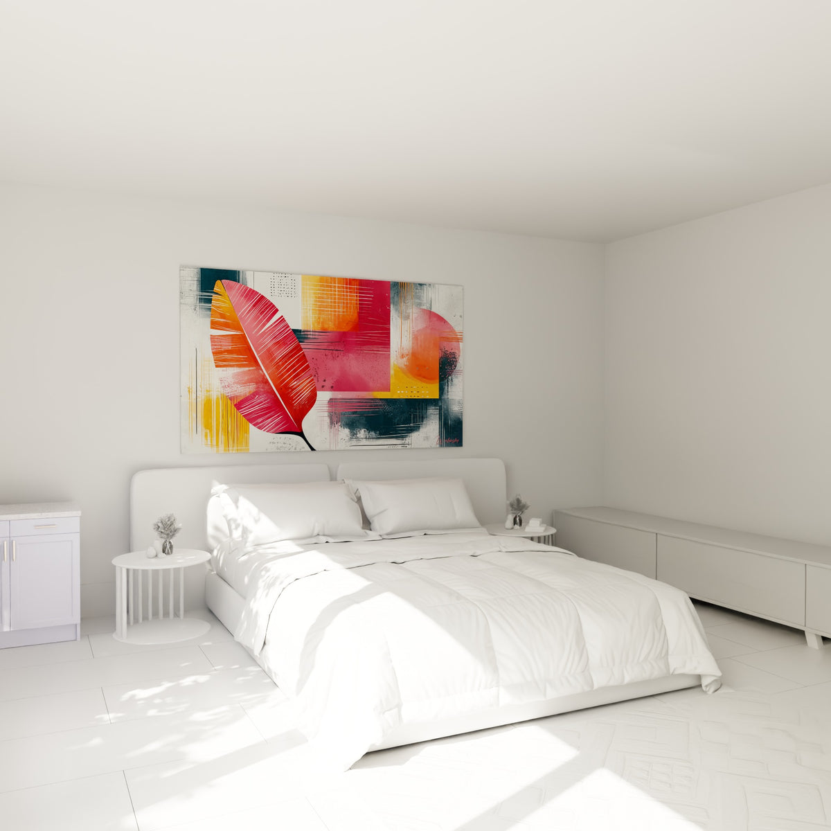 Feuille rouge et orange stylisée au-dessus d'un lit dans une chambre claire, motif botanique graphique
