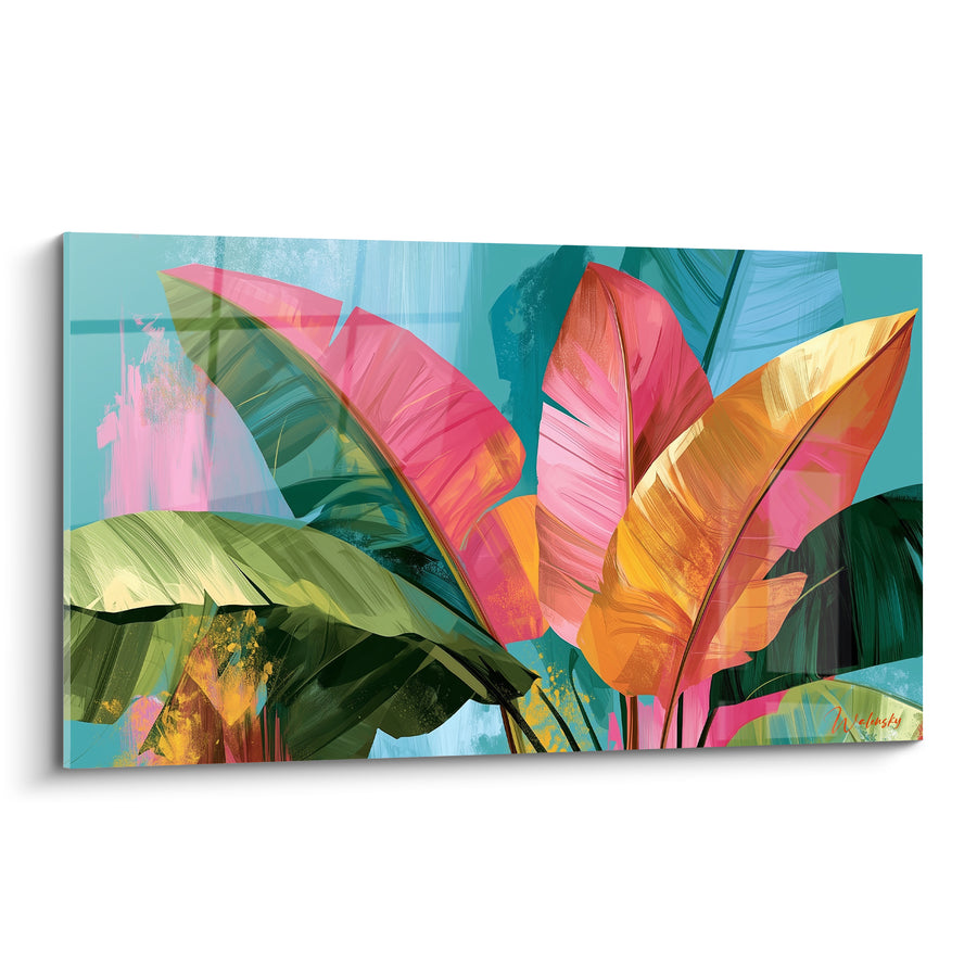 Tableau Feuilles de bananier roses et dorées - Éclosion tropicale - Edition Feuille de bananier