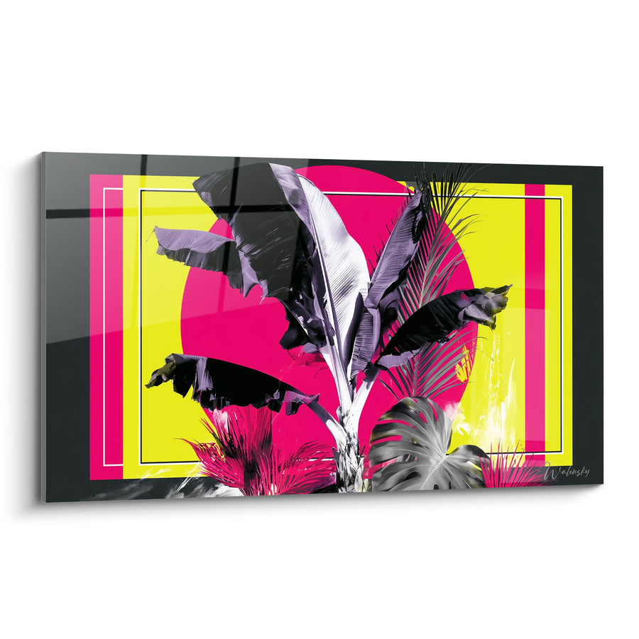 Tableau Bananier noir sur cercle rose vif - Jungle électrique - Edition Feuille de bananier