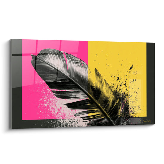 Tableau Feuille noire aux éclaboussures rose et jaune vif - Fond bicolore contrasté - Edition Feuille de bananier