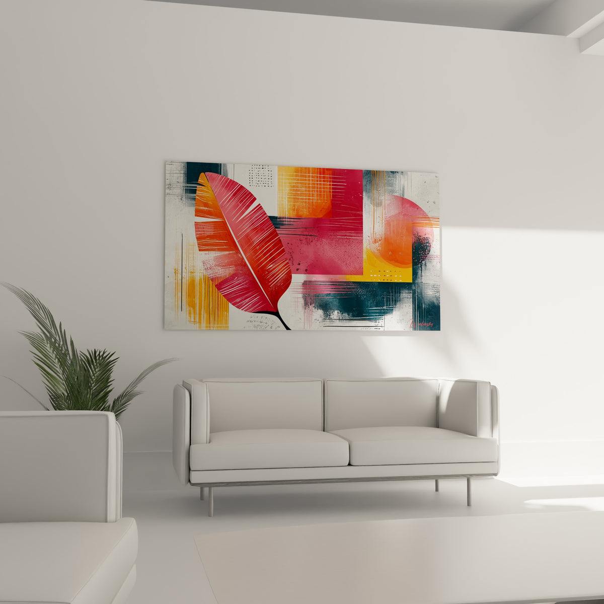 Blocs anthracite et rose fuchsia entourant une feuille rouge au-dessus d'un canapé dans un salon lumineux